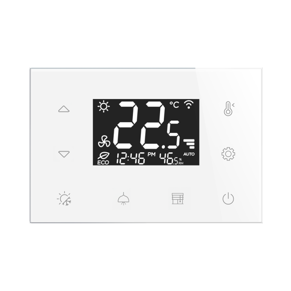 Sklenený dotykový batériou napájaný termostat RFTC-4/W, biely